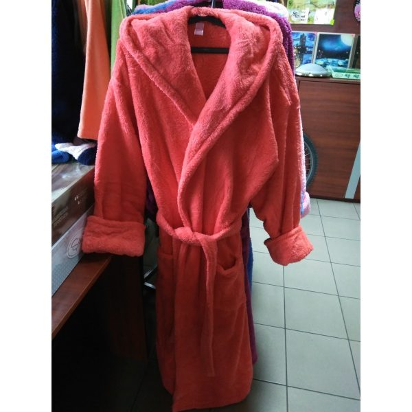 Женский халат коралловый 2XL (длинный с капюшоном)