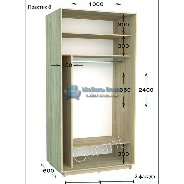 Двухдверный шкаф купе Практик 8 (100x45/60x220/240)